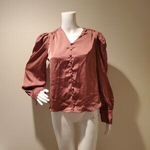 NWT Shein Bizwear Lantern Sleeve Satin Button Front Blouse Dusty Pink S